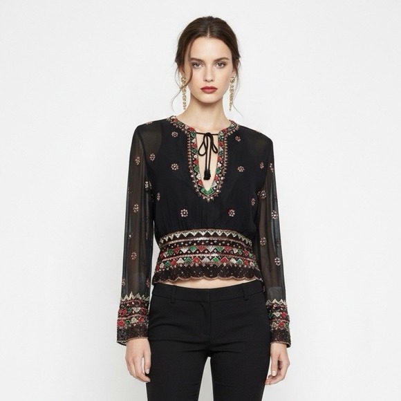 MARINA Tops - Marina Beaded Sequin Silk Sheer Blouse Black Y2K Whimsigoth Size S / M
